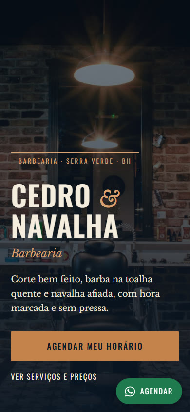 Print da página de exemplo da Barbearia Cedro & Navalha no celular