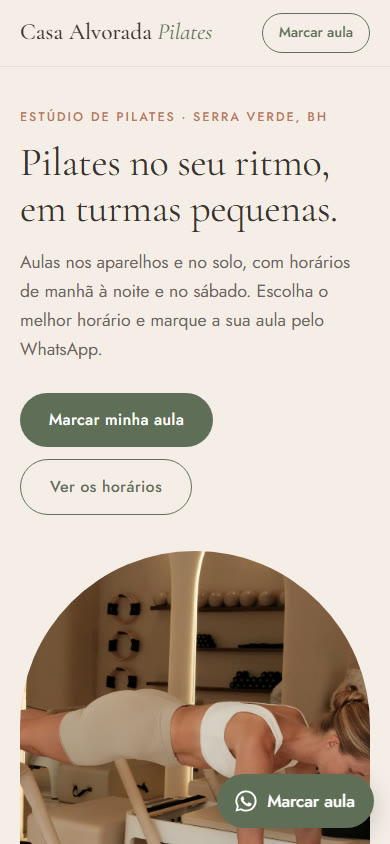 Print da página de exemplo do Pilates Casa Alvorada no celular